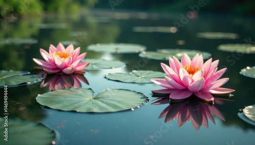 Water lilies bloom across a serene lake's surface, creating a floral pattern , lily pads, fresh, photography
