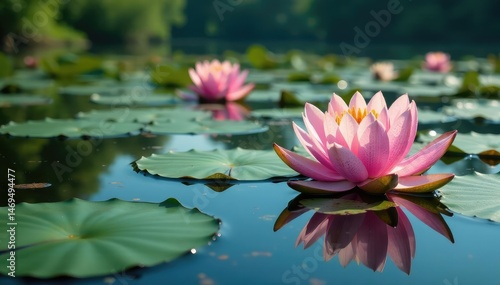 Water lilies bloom across a serene lake's surface, creating a floral pattern , natural, petal