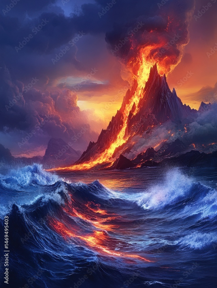 Fototapeta premium A fiery underwater volcano glowing red and orange, with enchanted lava flowing into the ocean 