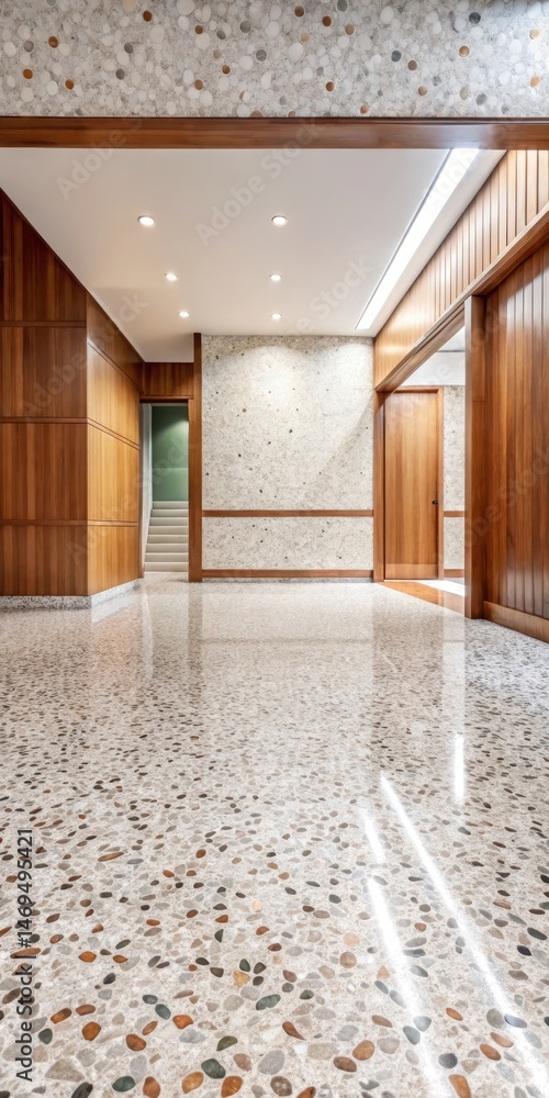 Polished Terrazzo Floor with White Marble Inlays and Wooden Accents