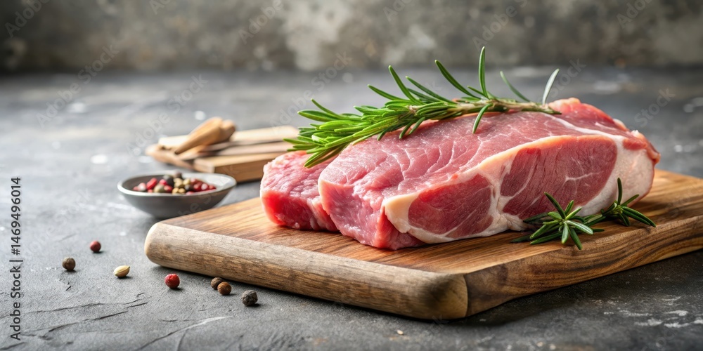 Raw pork meat on wooden board on grey background with rosemary
