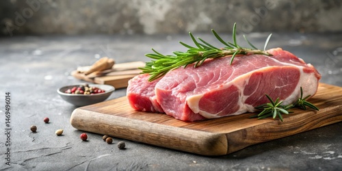 Obraz na płótnie Raw pork meat on wooden board on grey background with rosemary w salonie