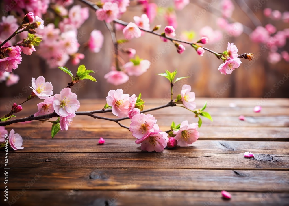 Delicate pink cherry blossom branches with a few scattered leaves on a wooden table in a serene environment