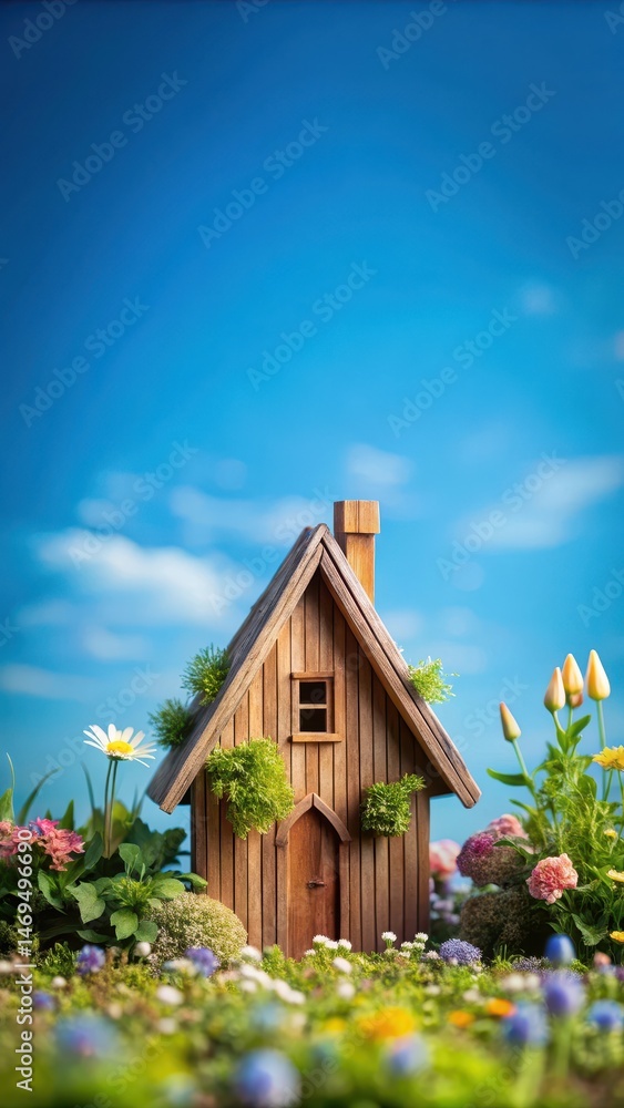 Tiny wooden cottage with a sloping roof and chimney