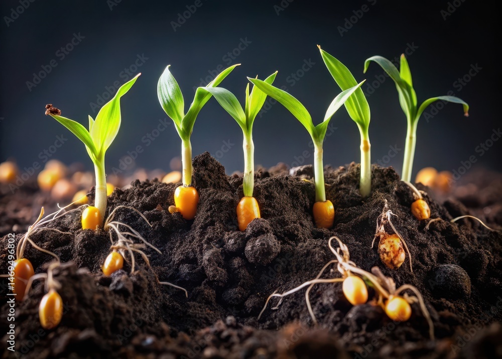 Germinated corn seeds sprouting in dark fertile soil with moist earth and roots emerging from the ground