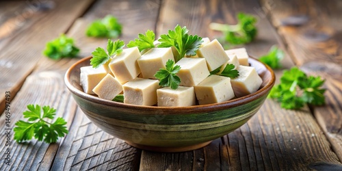 Obraz na płótnie Crisp cubes of soy cheese atop a colorful arrangement of fresh parsley and celery w salonie