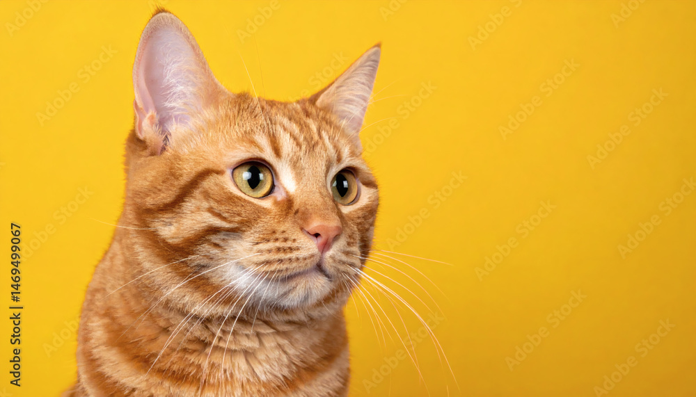 Close-up of a curious orange tabby cat with prominent whiskers, isolated on a vibrant yellow background for pet and feline-themed designs. Close-up of a curious orange tabby cat with prominent whiskers, isolated on a vibrant yellow background for pet and feline-themed designs.