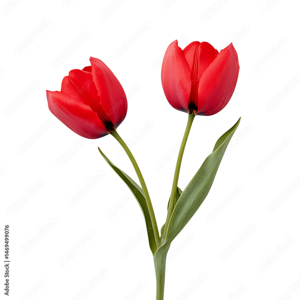 Two Red Tulips on a Stem on Transparent Background Two Red Tulips on a Stem on Transparent Background