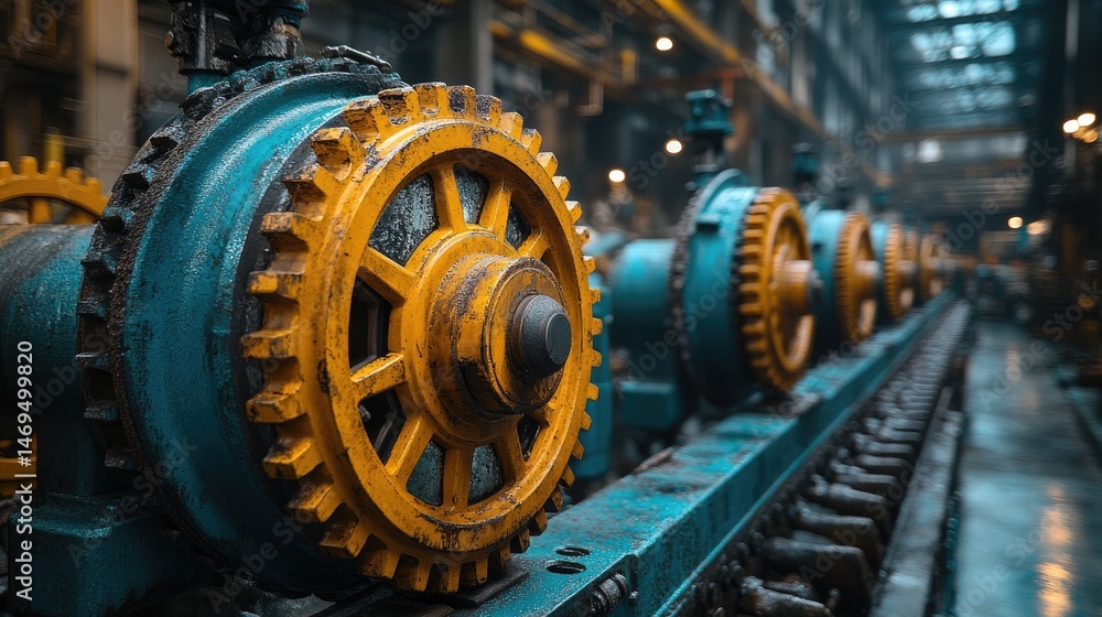 Fototapeta premium Industrial gears in a large factory setting.