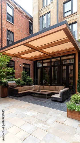 Wallpaper Mural A modern outdoor living space with a wood and fabric canopy, stone patio, and a sectional sofa with a coffee table Torontodigital.ca