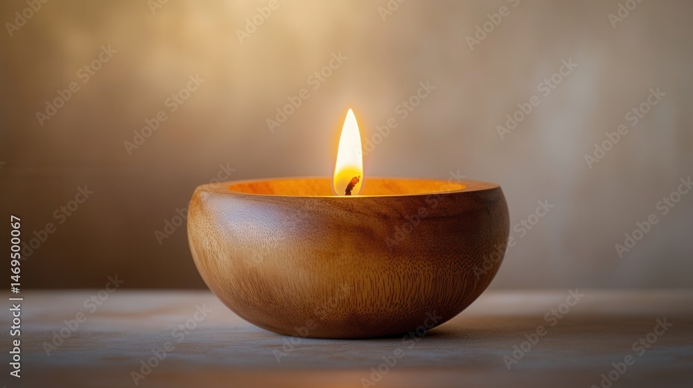 A simple wooden candlestick with a natural finish, a small flame glowing against a neutral background A simple wooden candlestick with a natural finish, a small flame glowing against a neutral background