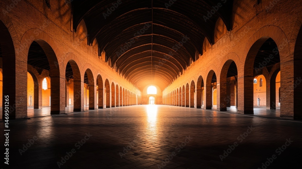 Fototapeta premium A long, empty hallway with a high ceiling and arches on either side.