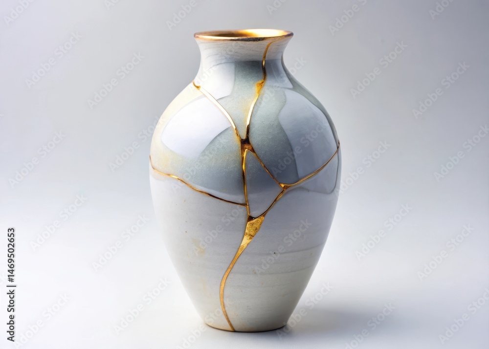 A delicate ceramic vase with golden seams repaired using kintsugi technique