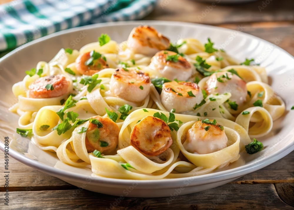 dish of seafood fettuccine Alfredo with shrimp and scallops in a creamy garlic sauce