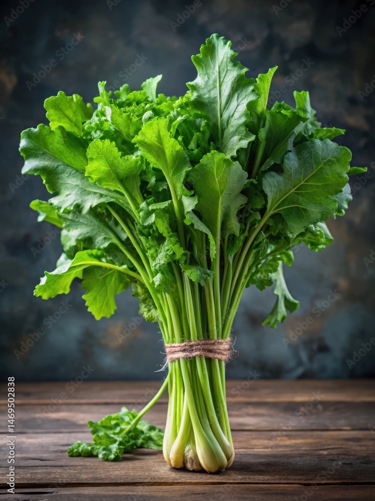 Fresh bunch of turnip greens with curly leaves and sturdy stems