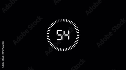 One minute countdown timer animation from 60 to 0 on a transparent background, 60 seconds countdown timer with alpha channel, 1 minute circle countdown.