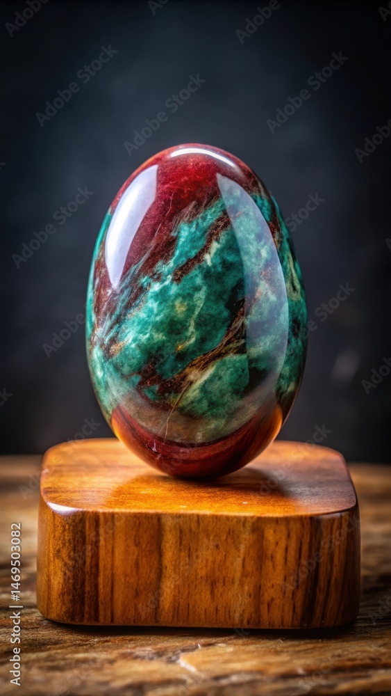 Dark red gemstone with greenish-blue veining sitting atop a wooden pedestal