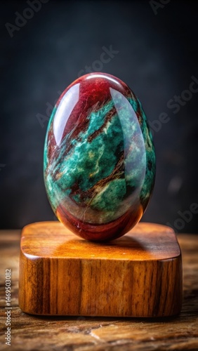 Obraz na płótnie Dark red gemstone with greenish-blue veining sitting atop a wooden pedestal w salonie