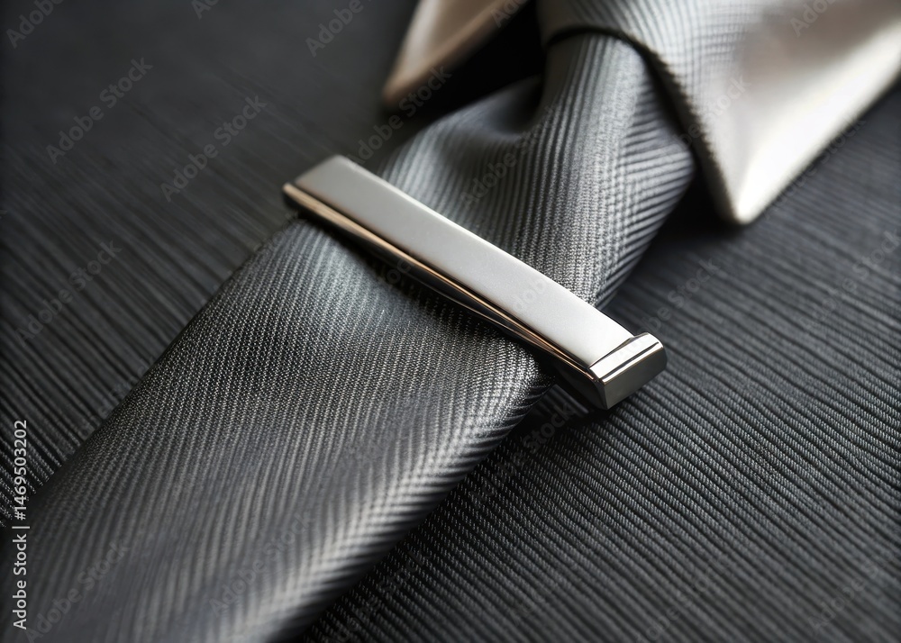 Close-up of a silver tie bar resting on a dark tie