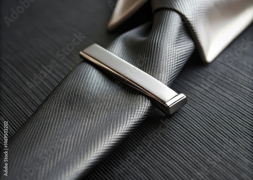 Obraz na płótnie Close-up of a silver tie bar resting on a dark tie w salonie