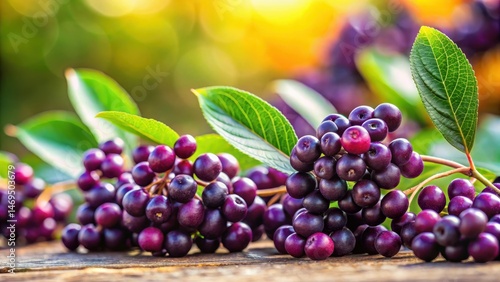 Obraz na płótnie Small purple chokeberry berries scattered on a green leafy background with blurred foliage and a shallow depth of field w salonie