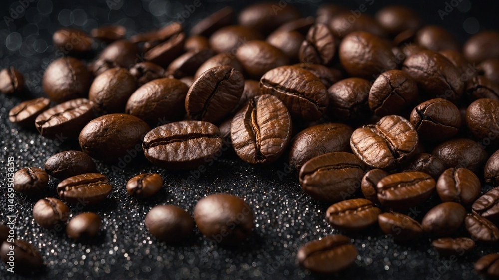 Close-Up of Roasted Coffee Beans on Dark Glittery Background Close-Up of Roasted Coffee Beans on Dark Glittery Background