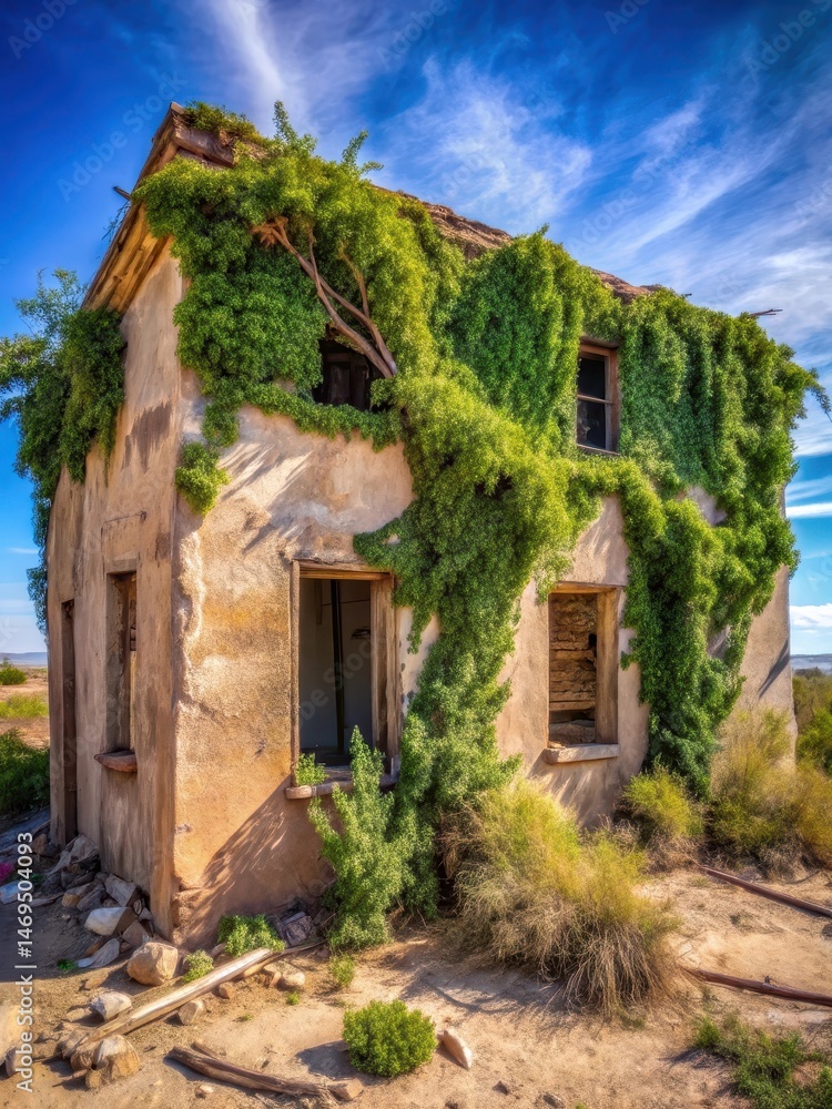 Overgrown vegetation wraps around crumbling facade of abandoned desert house