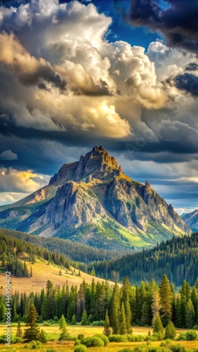 Mountainous landscape with Heyburn Peak amidst a mix of sunny and cloudy skies in Central Idaho