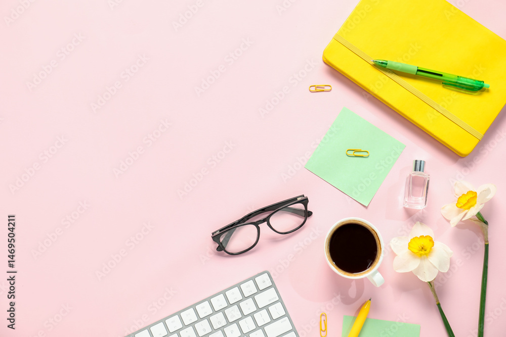 Flat lay composition with stationery and flowers on pink background, space for text Flat lay composition with stationery and flowers on pink background, space for text