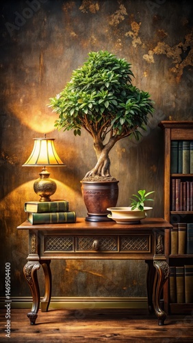 Elegant desk setup with a vintage style ficus tree in a ornate vase on a wooden table