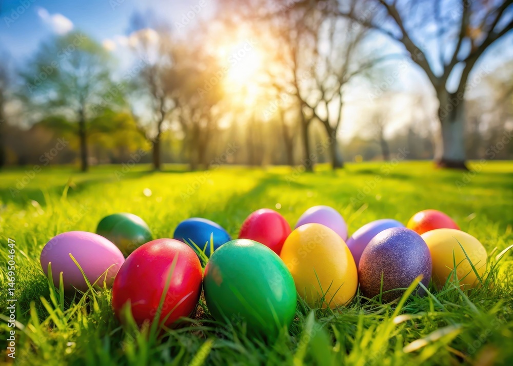 A colorful cluster of Easter eggs scattered on a lush green grassy field with a few trees in the background