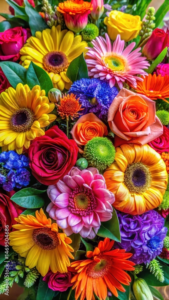 Vibrant mix of colorful flowers arranged in a lush bouquet