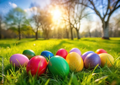 Obraz na płótnie A colorful cluster of Easter eggs scattered on a lush green grassy field with a few trees in the background w salonie