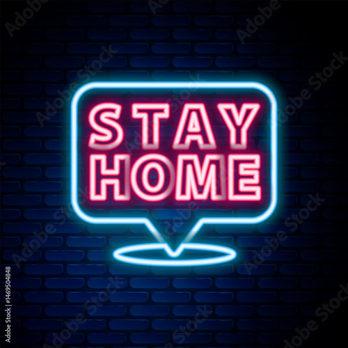 Glowing neon line Stay home icon isolated on brick wall background. Corona virus 2019-nCoV. Colorful outline concept. Vector