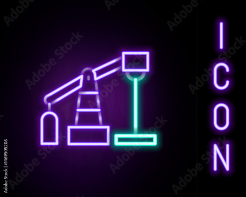 Glowing neon line Oil pump or pump jack icon isolated on black background. Oil rig. Colorful outline concept. Vector