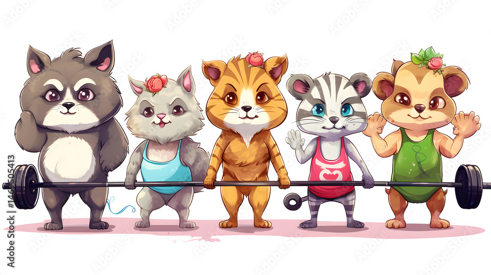 Naklejka premium Humorous Female Animals Fitness Center Cartoon Vector Illustration for Healthy Lifestyle Concept