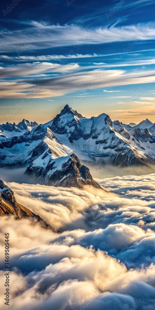 A majestic mountain range with snow-capped peaks stretching towards the sky