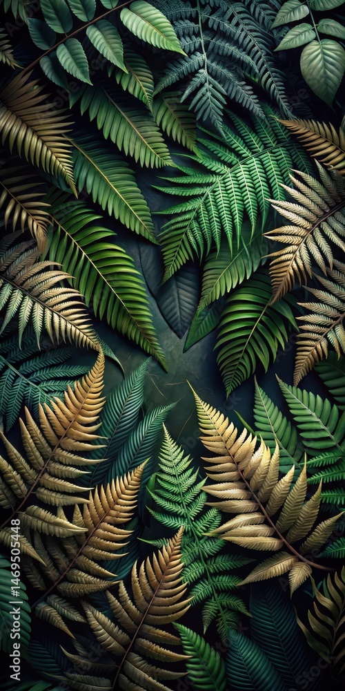 Dark forest floor with bold ferns and exotic leaves in shades of green and brown