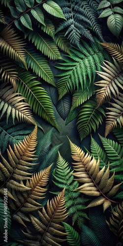 Obraz na płótnie Dark forest floor with bold ferns and exotic leaves in shades of green and brown w salonie