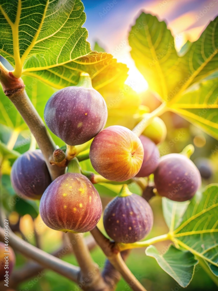 Fresh organic figs ripening on a tree branch in the warm sunlight