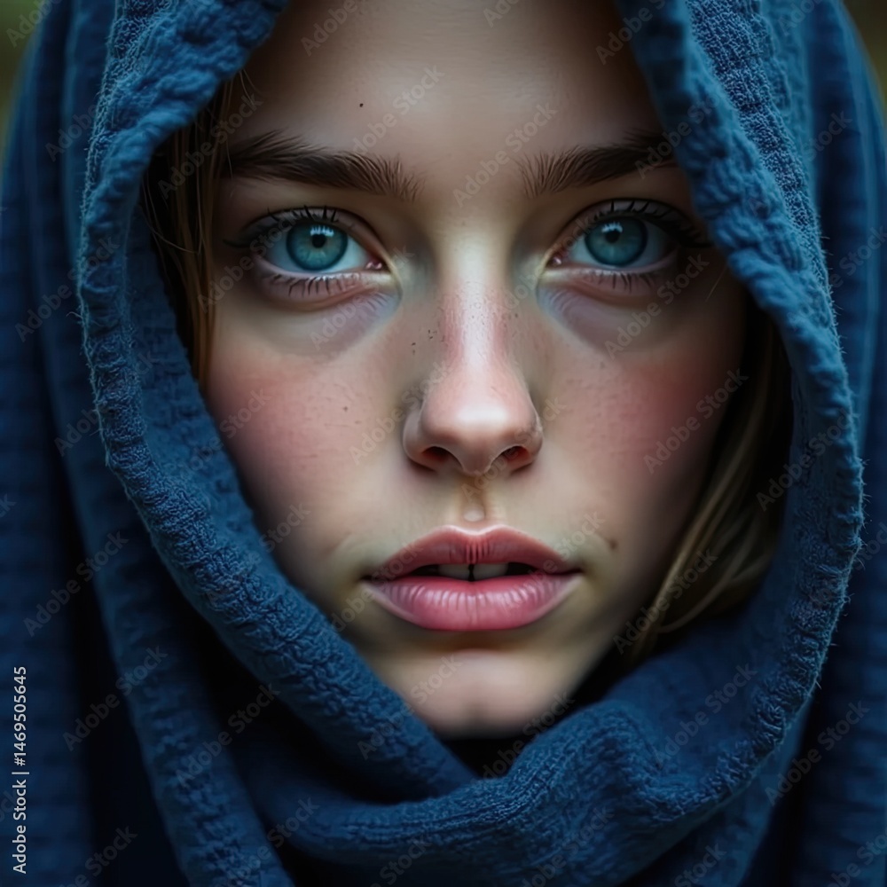 close-up portrait of a woman with striking blue eyes and fair skin, framed by a textured, deep blue fabric that partially covers their head. close-up portrait of a woman with striking blue eyes and fair skin, framed by a textured, deep blue fabric that partially covers their head.