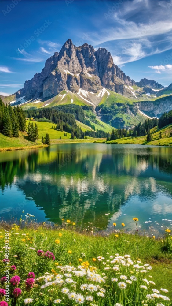 Panoramic view of Mount Schoenjoch in Alpine summer landscape with lush greenery and wildflowers
