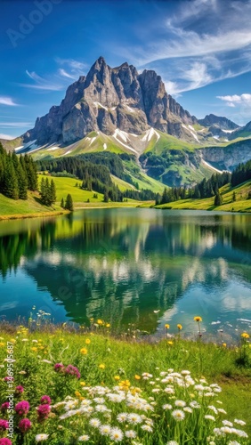 Obraz na płótnie Panoramic view of Mount Schoenjoch in Alpine summer landscape with lush greenery and wildflowers w salonie