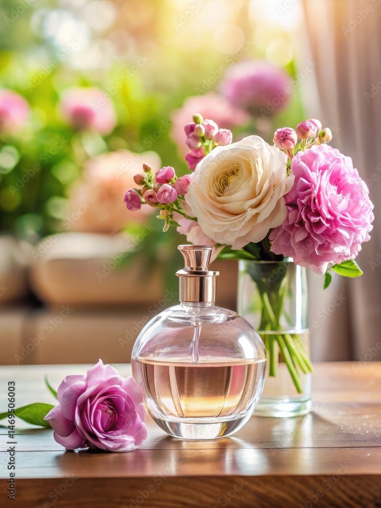 Perfume bottle on table with flowers vase
