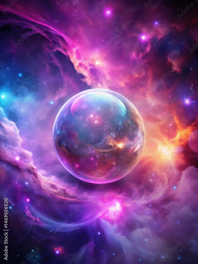 Ethereal glowing orb suspended in a turbulent celestial expanse of swirling pink and purple gases