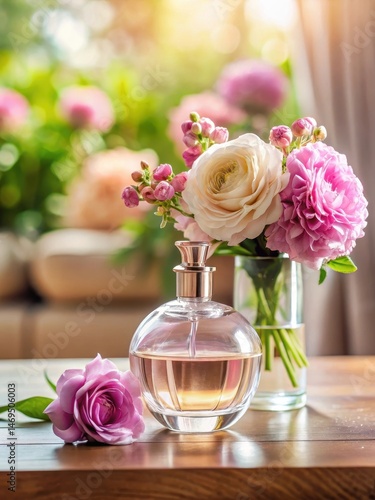 Obraz na płótnie Perfume bottle on table with flowers vase w salonie