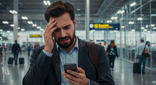 Worried Man Checking Smartphone at Airport - A man in a suit looks worried while checking his smartphone at an airport terminal. He appears stressed and concerned