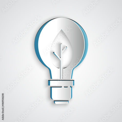 Paper cut Light bulb with leaf icon isolated on grey background. Eco energy concept. Alternative energy concept. Paper art style. Vector