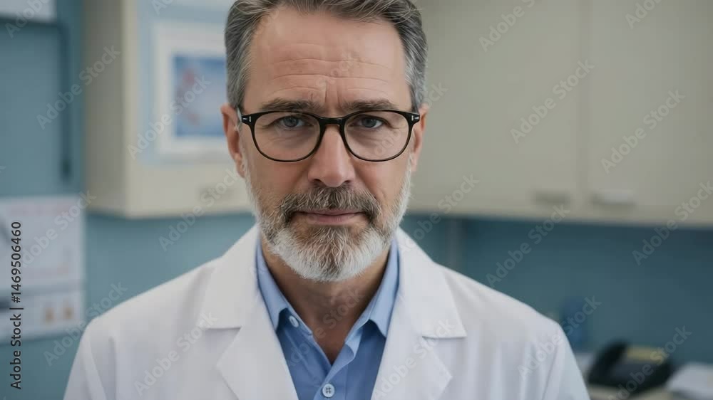 Doctor adjusting his glasses with a focused expression in a clinical office setting Doctor adjusting his glasses with a focused expression in a clinical office setting