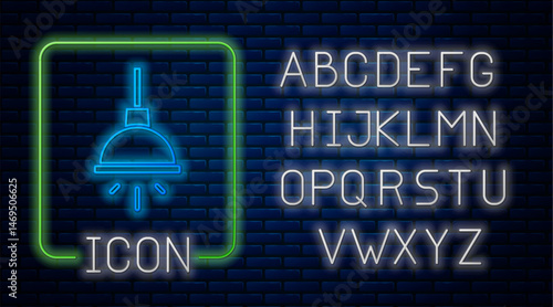 Glowing neon Chandelier icon isolated on brick wall background. Neon light alphabet. Vector